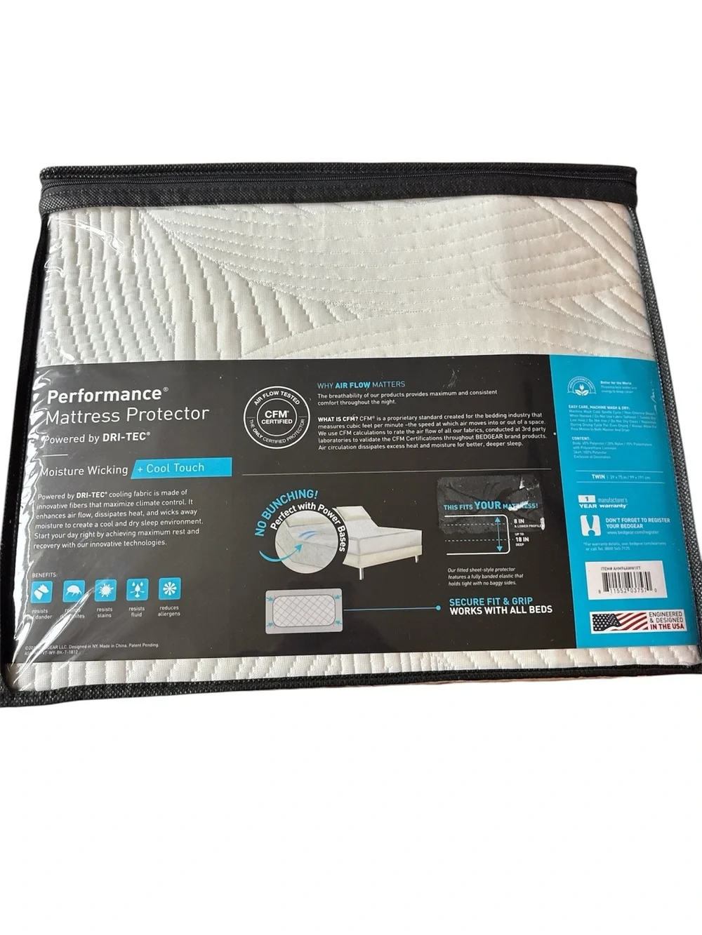 BEDGEAR Dri-Tec Performance Mattress Protector, Moisture Wicking Cool Twin NEW